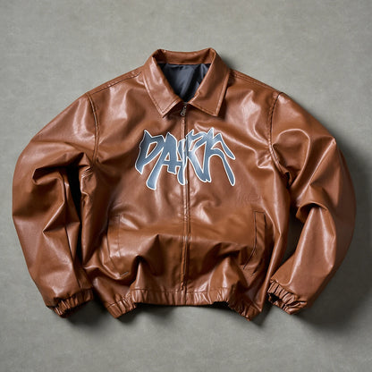 Men's High Street Faux Leather Jacket Retro Windproof Warm Coat Men Letter Print Lapel Collar Motorcycle Street Style Outerwear