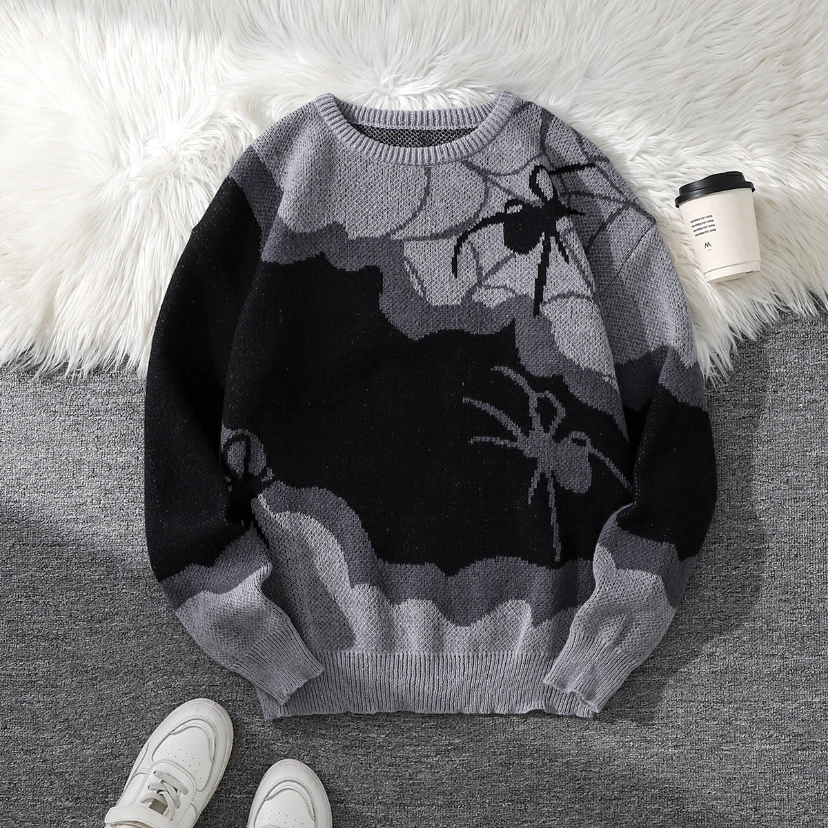 Double-Sided Spider Jacquard Knit Men's Sweater, Designed with Patchwork, Crew Neck, Long Sleeves, Regular Fit, Suitable for Couples, Perfect for Autumn and Winter