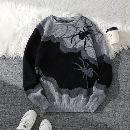 Double-Sided Spider Jacquard Knit Men's Sweater, Designed with Patchwork, Crew Neck, Long Sleeves, Regular Fit, Suitable for Couples, Perfect for Autumn and Winter