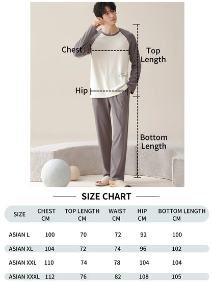 Men's 100% cotton long sleeved four season plus size men's sleepwear, teenage pure cotton home suit set for warmth