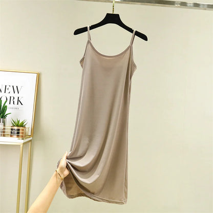 Summer Thin Ice Silk A-Line Dress Women's Casual Long Gown Inner Wear Vest Dress plus Size Korean Style Loose Waist Design