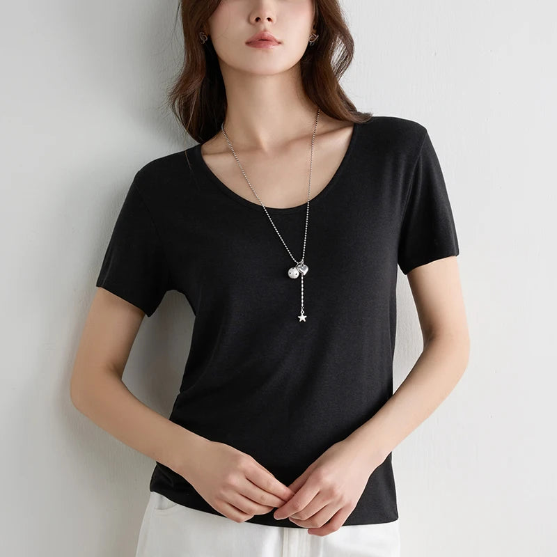 Women Lyocell T Shirt U Neck Short Sleeve Summer Slim Fit Basic Casual Top