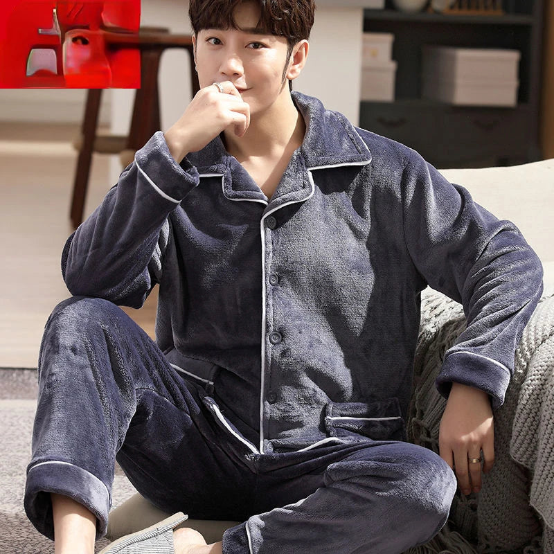 Pajama Sets Flannel Pajamas Men's Winter Thickening Warm Suit Long-sleeved Loose Home Clothes Autumn Cardigan