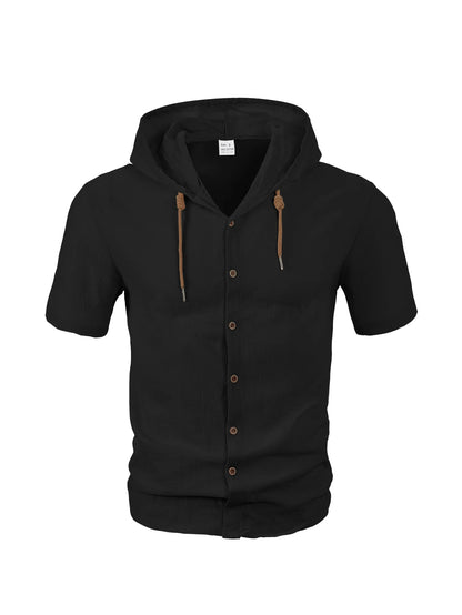 Men's Hooded Button Down Shirt Short Sleeve Linen Look Casual Top Drawstring Summer Beach Vacation Shirt 2026