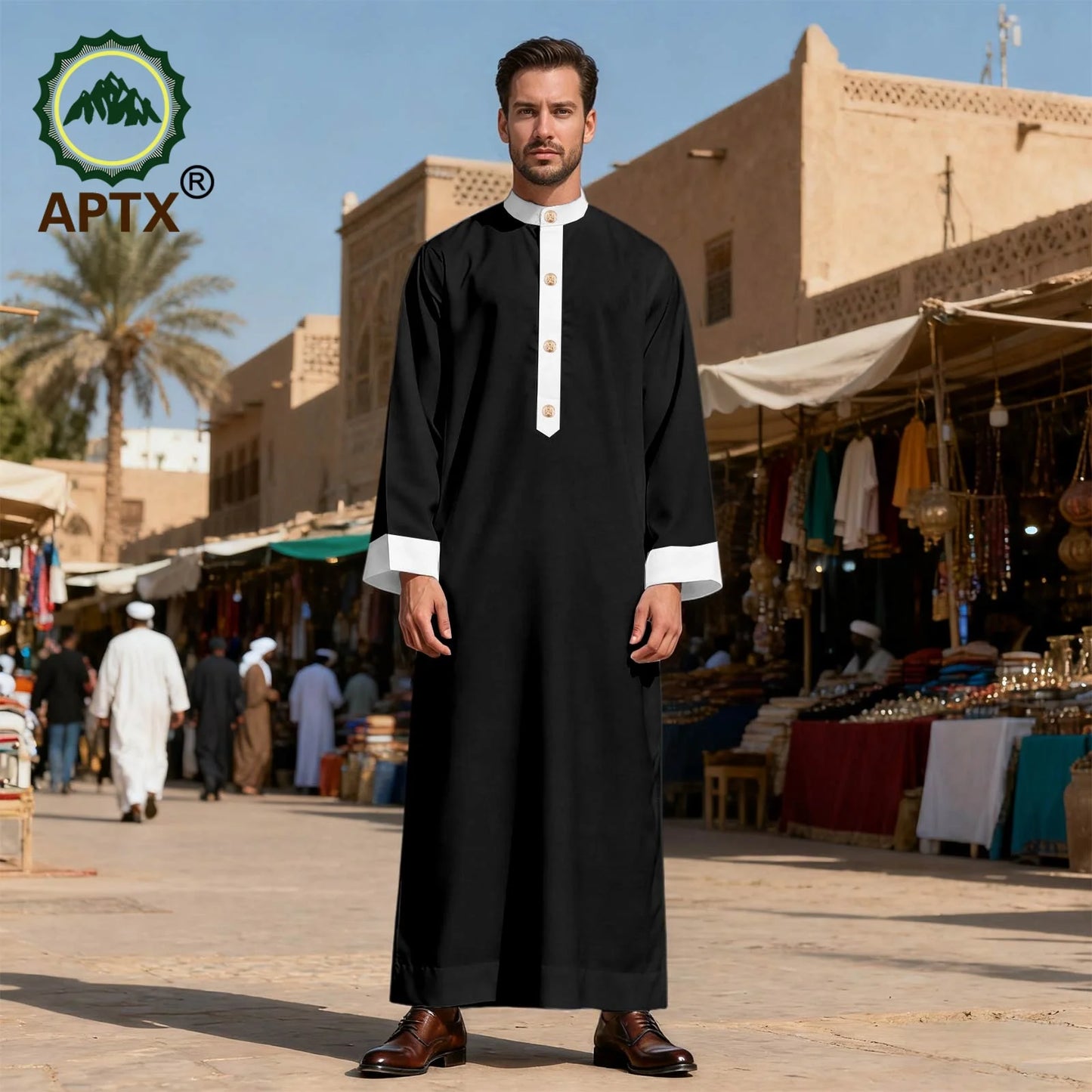 APTX Men's Jubba Thobe Embroidered Robe Single-Breasted Loose Fit Casual Wedding Church Outfit Muslim Fashion 2514020
