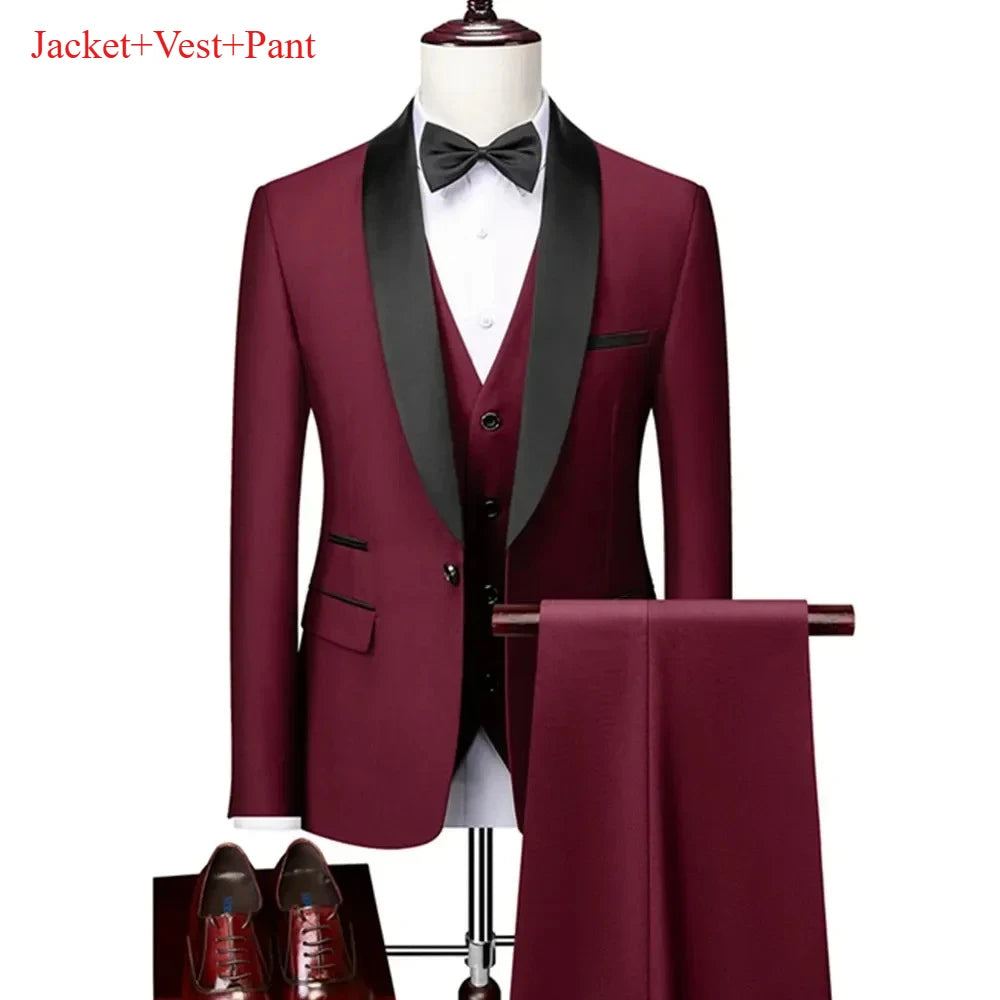 Men's Lapel Black Suit Set Coat Vest Trousers / Business Groomsmen Groom Wedding Dress Fprmal Blazer Pants