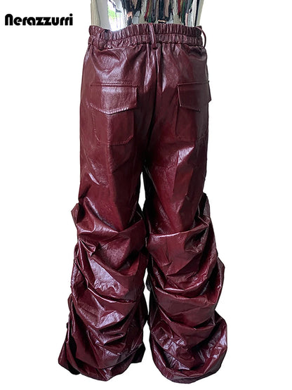 Nerazzurri Autumn Extra Long Soft Flowy Baggy Pu Leather Wide Leg Stacked  Pants for Men Luxury Designer Punk Style Streetwear
