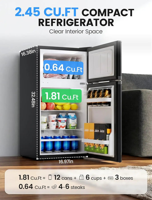 2.5 Cu.Ft Dorm Fridge with Freezer, Double Reversible Door Compact Refrigerator with 2 Removable