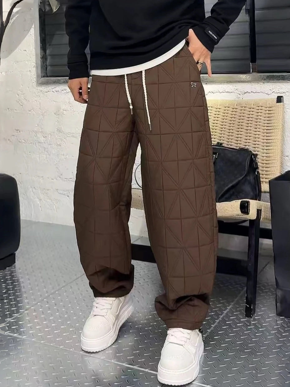 Warm Cotton Pants Men's Winter Fashion Straight Leg Thermal Trousers Thickened Flannel Drawstring Elastic Waist Casual Loose Fit