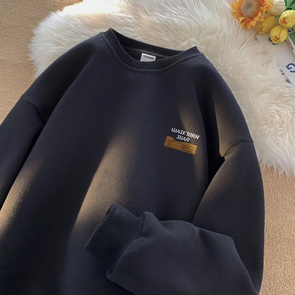American Retro Fleece Lined Long Sleeve Letter Print Sweatshirt Unisex Autumn Winter Casual Fashion Versatile Men's Women's Top