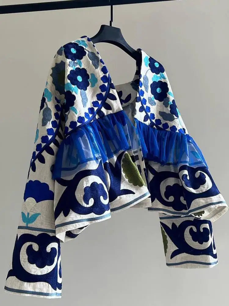 Unique Beautiful Early Spring Women's Blue Embroidered Open Cardigan Jaet Faionable Holiday Sle Commute Loose Fit Long ...