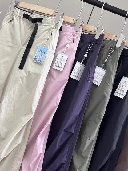 Lightweight Breathable Quick-Dry Paratrooper Pants Women's Casual Loose Fit Sunscreen Waist Cord Trousers Korean Style High W...
