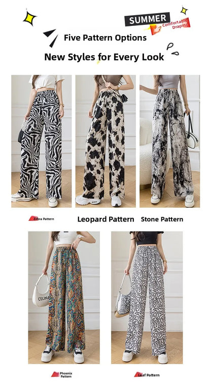 Summer Casual Loose Wide Leg Pants Women's Tie Dye Ink Ice Silk Loose Leopard Print Ethnic Style Long Pants Casual Trousers