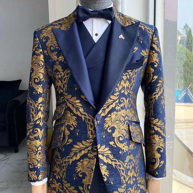 Jacquard Floral Tuxedo Suits for Men Wedding Slim Fit Navy Blue and Gold Gentleman Male Costume Suit Set