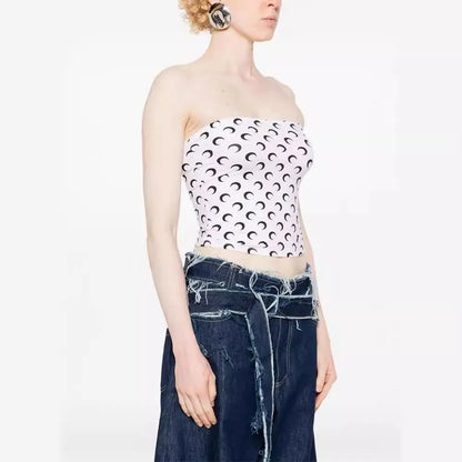 New Fashion Moon Print Sexy Short Crop Top Women's Summer Korean Style Leisure Streetwear Sweet Strapless Slim Fit Blouse