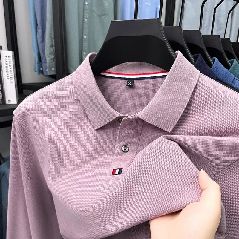 Collar T-shirt for men, long sleeved, autumn, middle-aged, business, pure cotton, casual polo shirt, top for men