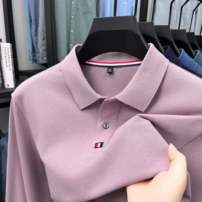 Collar T-shirt for men, long sleeved, autumn, middle-aged, business, pure cotton, casual polo shirt, top for men