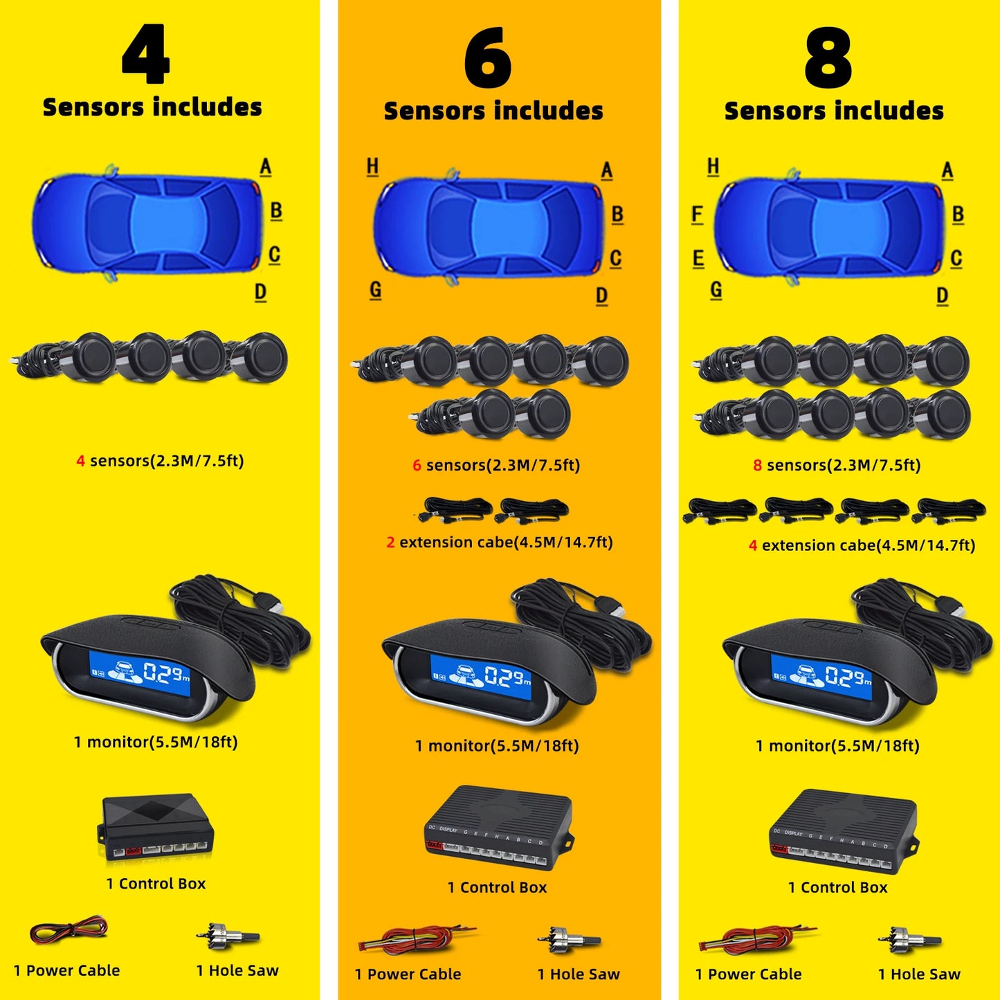 QXNY Auto Rear Parking Sensors Kit Parktronic Reverse Backup Radar 4/6/8 Front and Rear Assist  Car Monitor Detector System