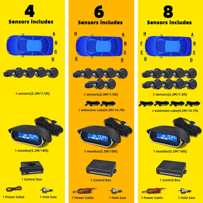 QXNY Auto Rear Parking Sensors Kit Parktronic Reverse Backup Radar 4/6/8 Front and Rear Assist  Car Monitor Detector System