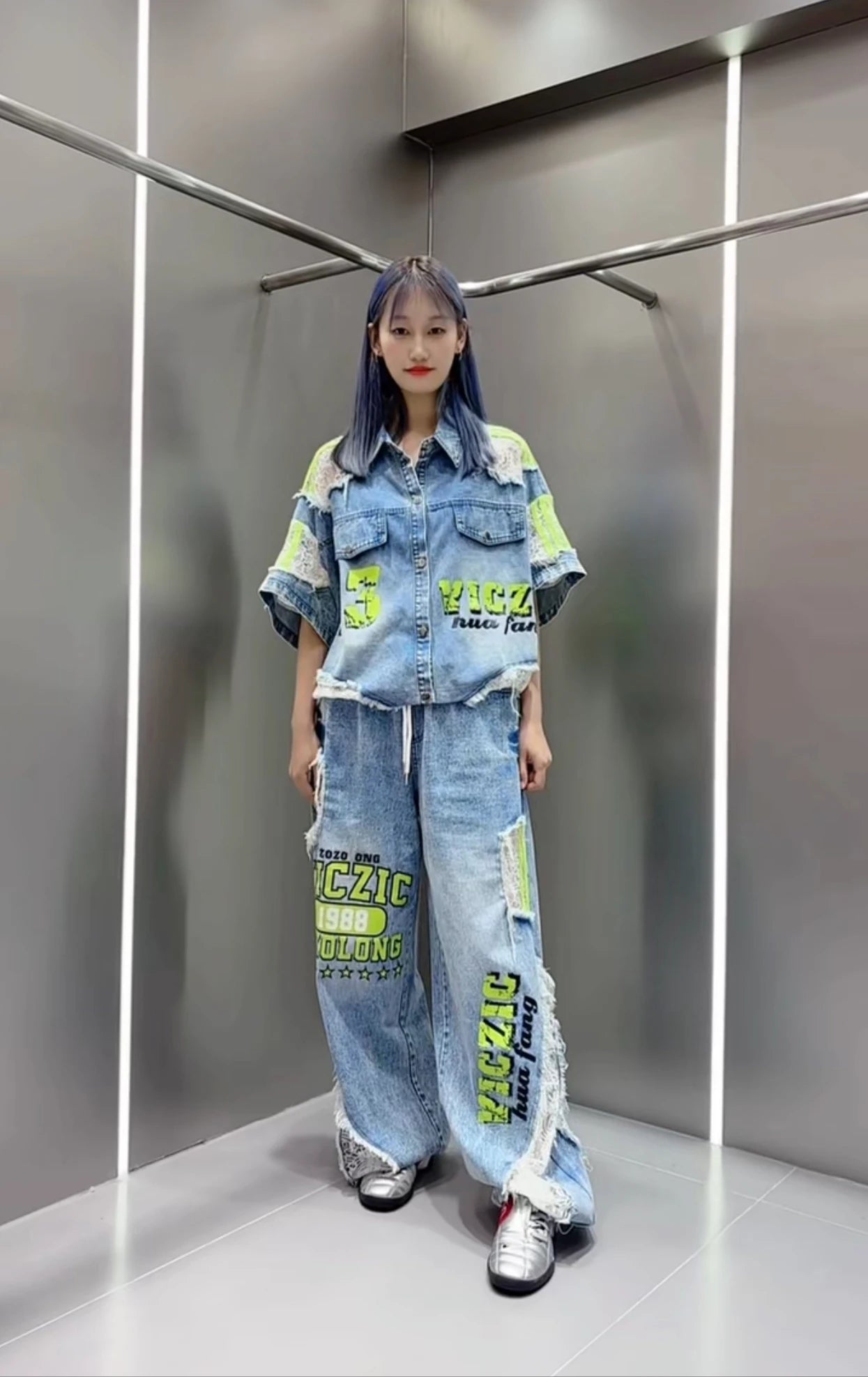 Casual Lace Hollow out Patchwork Summer New Women's Outfit Loose Top with Digital Letter Print Matching Long Pants