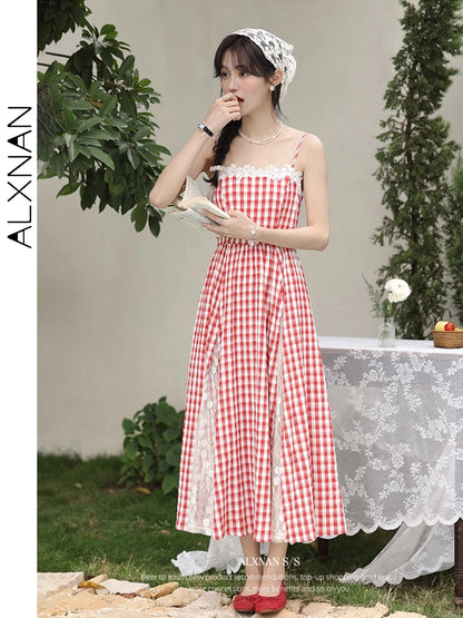 ALXNAN Plaid Lace Panel Sleeveless Dress Long A-line Women's Holiday Party Dresses Fashion Elegant Travel Female Clothing L53525