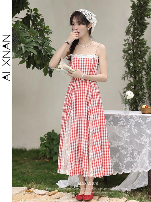 ALXNAN Plaid Lace Panel Sleeveless Dress Long A-line Women's Holiday Party Dresses Fashion Elegant Travel Female Clothing L53525