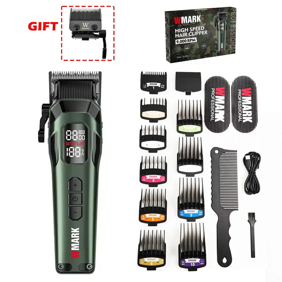9000RPM WMARK NG-8080 Professional Hair Clipper 5 Speed Adjustment DLC FADE Blade Hair Trimmer Cutting Machine with Gift Blade