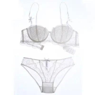 Women White Lace Demi Bra Minimizer Push Up for Small Bust Anti Sagging Lingerie Bra Set  BANERDANNI Panty Set S-XL 32-38-AB Cup