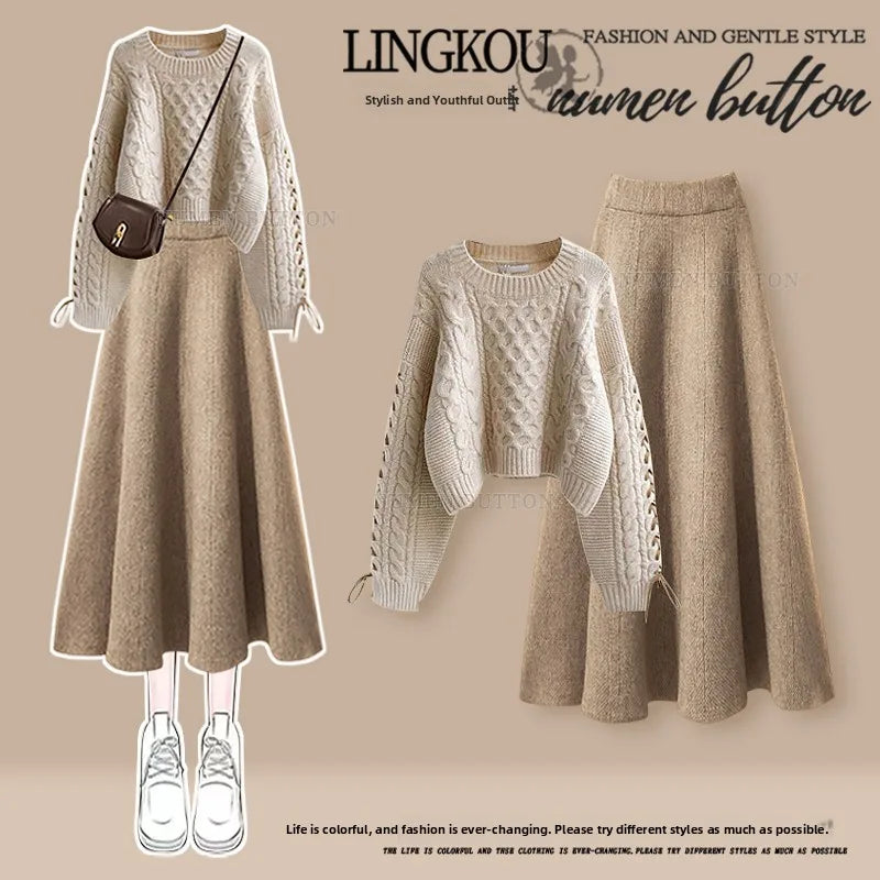 plus Size Autumn Casual Knitted Sweater And High Waist  Skirt Set Women's round Neck Slimming Fashion Two-Piece Ensemble