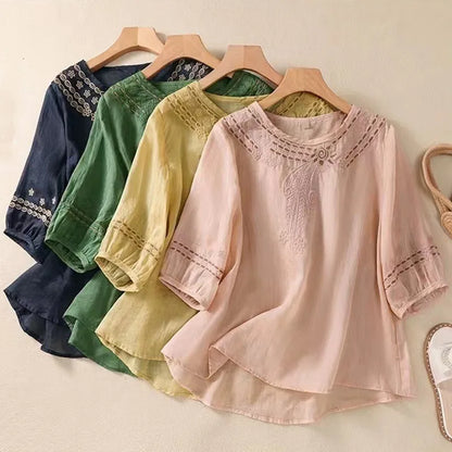 Fashion Thin Cotton Linen Y2k Tops Tee Women Clothing Summer Loose T Shirts Woman Embroidered T-shirt Blusa Casual Ladies tshirt