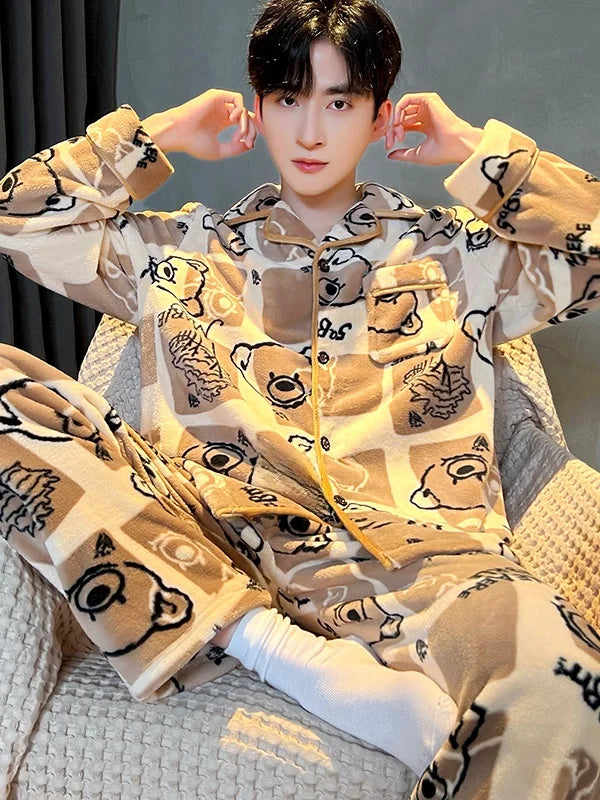 Men's Sleepwear Coral Fleece Flannel Thick Warm Cardigan Home Clothes Autumn Winter Long Sleeve Button up Comfortable Pajamas