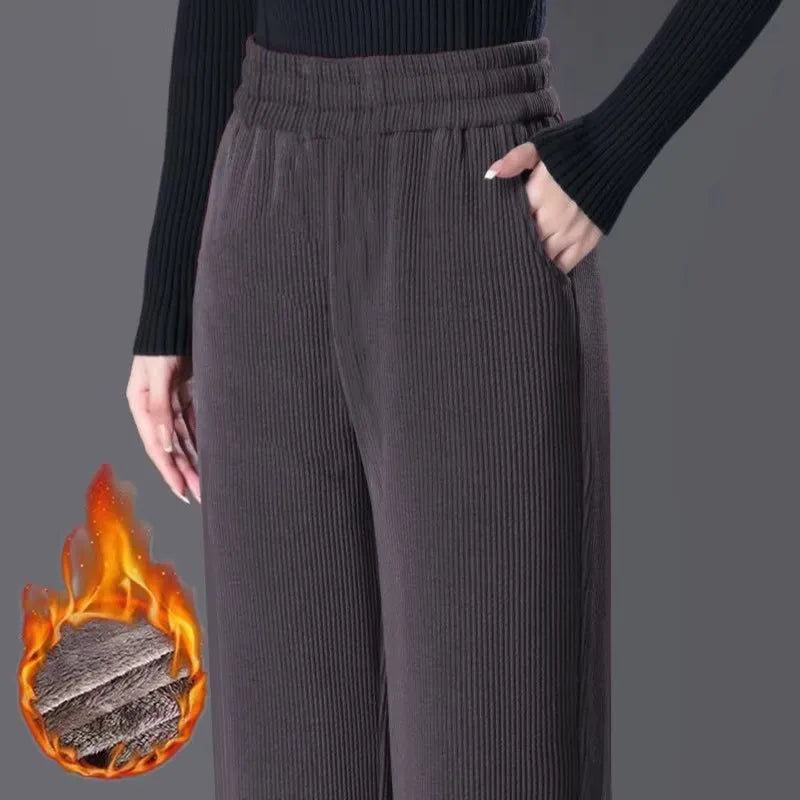 Women's Fleece Lined Corduroy Wide Leg Pants High Waist Warm Straight Cut Casual Trousers Autumn Winter New Mom Comfortable