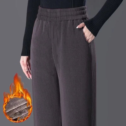 Women's Fleece Lined Corduroy Wide Leg Pants High Waist Warm Straight Cut Casual Trousers Autumn Winter New Mom Comfortable