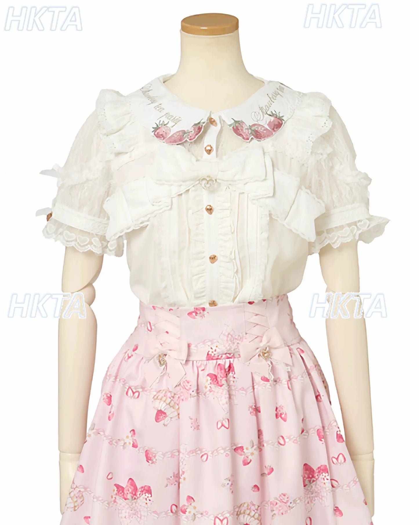 Japanese Mass Produced New Sweet Doll Collar Lolita Strawberry White Shirt Female 2026 Spring Pleated Lace Bow Blouses Top Women