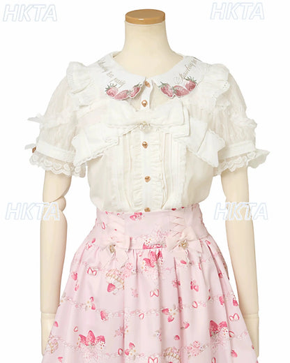 Japanese Mass Produced New Sweet Doll Collar Lolita Strawberry White Shirt Female 2026 Spring Pleated Lace Bow Blouses Top Women