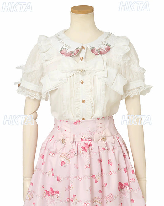 Japanese Mass Produced New Sweet Doll Collar Lolita Strawberry White Shirt Female 2026 Spring Pleated Lace Bow Blouses Top Women