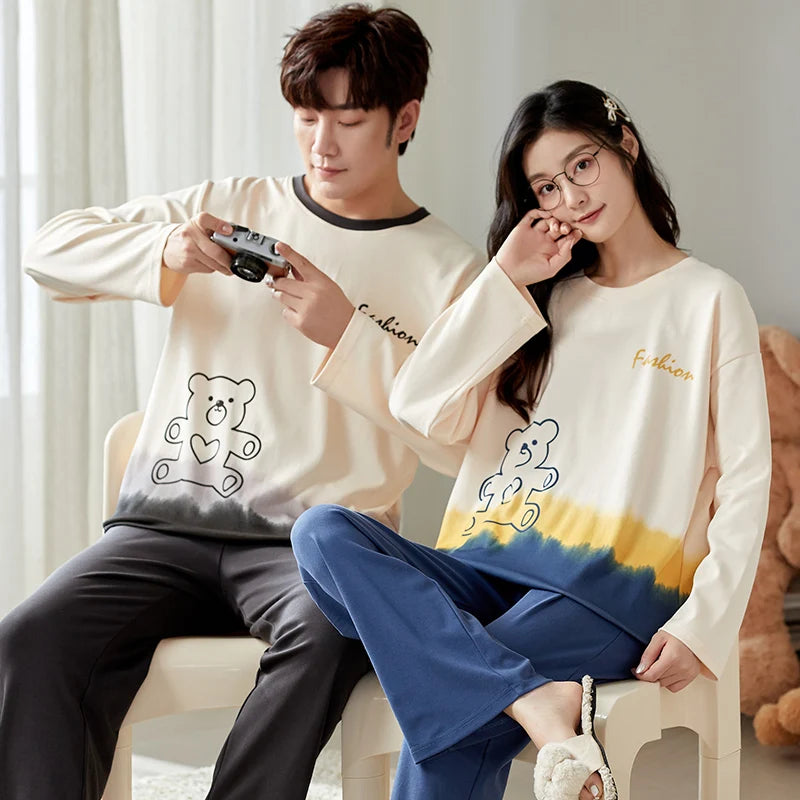 2023 New Cartoon Cute Pajamas Set for Couples Cotton Long Sleeves Sleep Top & Long Pant Spring Nightwear for Men and Women Pjs