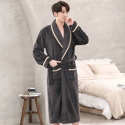 Men Sleepwear Robe Winter Flannel Thicken Terry Robe Male Long Sleeve Kimono Warm Bathrobe Home Wear Peignoir Men Robe