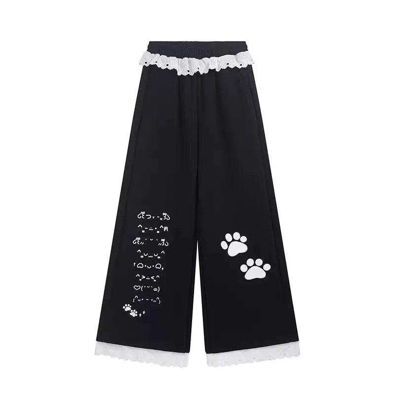 Sweet Cartoon Print Wide Leg Pants Women's High Waist Straight Lace Splice Casual Sports Sweatpants Breathable Cotton Blend