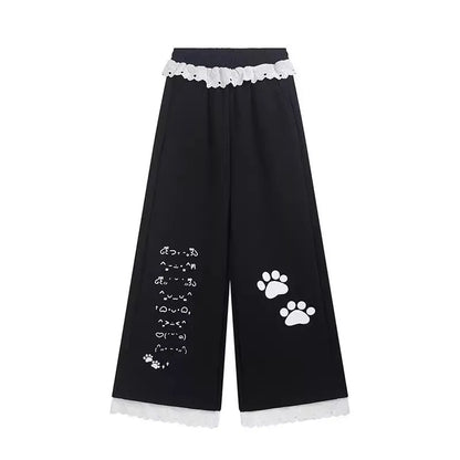 Sweet Cartoon Print Wide Leg Pants Women's High Waist Straight Lace Splice Casual Sports Sweatpants Breathable Cotton Blend