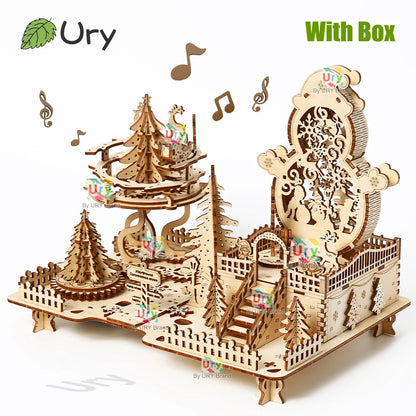 3D Wooden Puzzle Christmas Amusement Park Deer Carriage Music Box with Light Assembly Toy DIY Model Decoration for Gifts