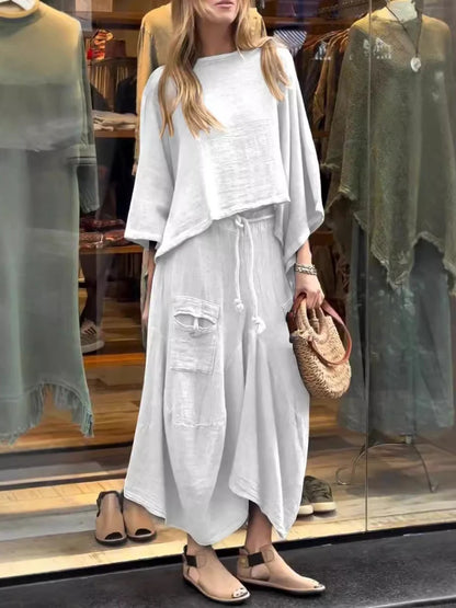 2024 Autumn Fashion New Women's Cotton and Linen Loose Skirt Two-piece Set Solid Color Irregular Top Waist Pocket Skirt Set