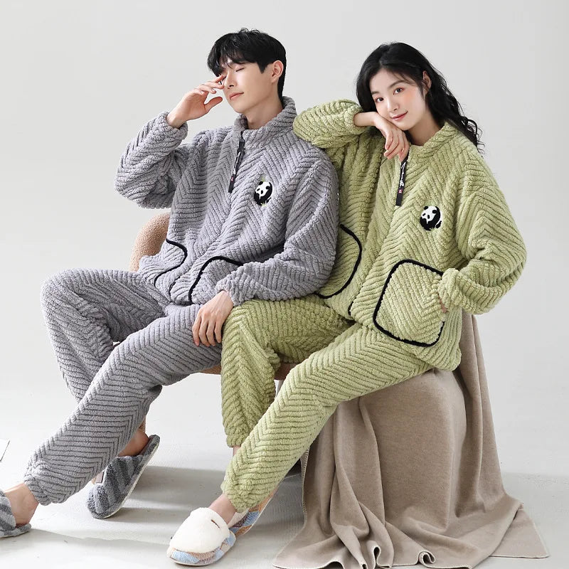 Winter Couple Matching Zipper Pajamas Cardigan Warm Jacquard Velvet Ladies Korean loungewear Men's Thickened Flannel Pijamas set