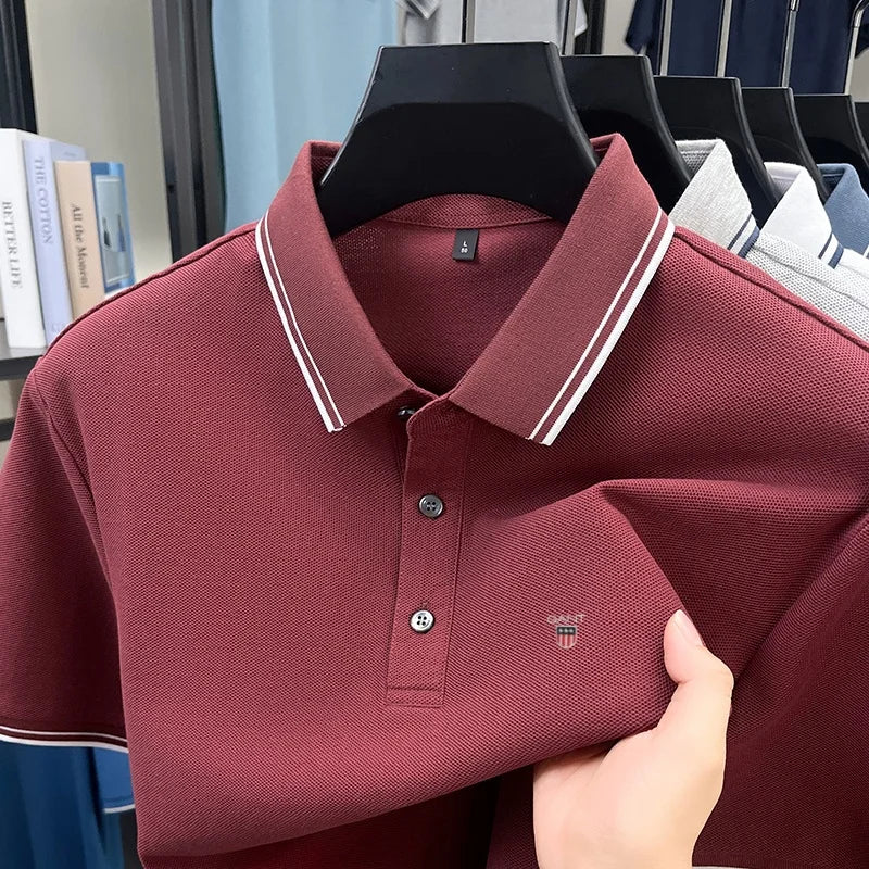 Summer men's exquisite embroidered short-sleeved POLO shirt 100% cotton breathable striped lapel daily business casual T-shirt