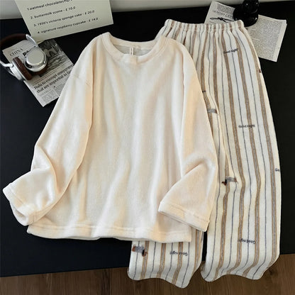 Men's Coral Fleece Pajamas Thickened Flannel Home Clothes Set Casual Loose Fit Autumn Winter Warm Sleepwear round Neck Sweats...