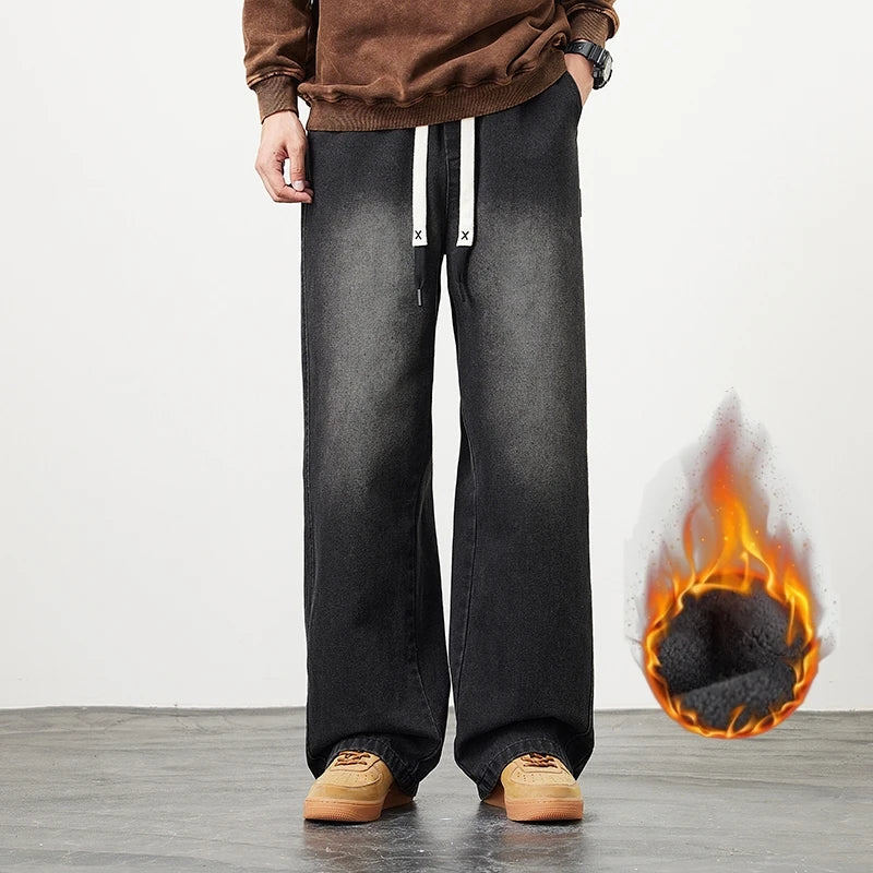 Winter Velvet Wide Leg Denim Jeans Men's Casual Loose Trousers Neutral Outdoor Fashion Pants Big Size 8XL