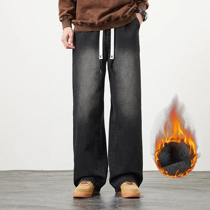 Winter Velvet Wide Leg Denim Jeans Men's Casual Loose Trousers Neutral Outdoor Fashion Pants Big Size 8XL