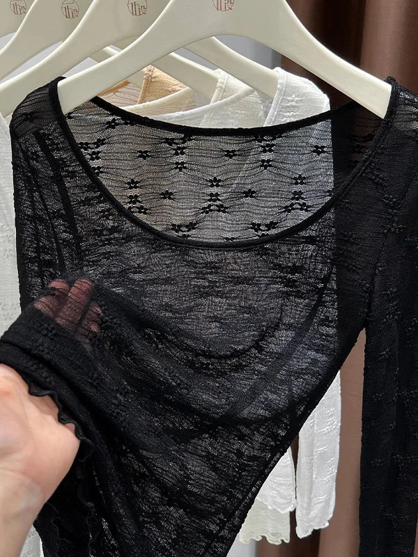 Sexy Lace Base Shirt Inner Wear Light Mesh Top Floral Trim Shoulder Exposure Thin Nylon Fabric Long Sleeve round Neck Spring ...