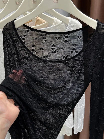 Sexy Lace Base Shirt Inner Wear Light Mesh Top Floral Trim Shoulder Exposure Thin Nylon Fabric Long Sleeve round Neck Spring ...