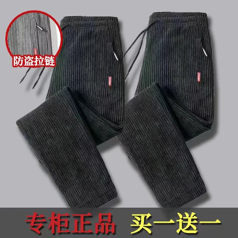 Men's Corduroy Pants Loose Casual Thickened Autumn Winter Straight Leg Zipper Decoration Business Casual Fashion Trend